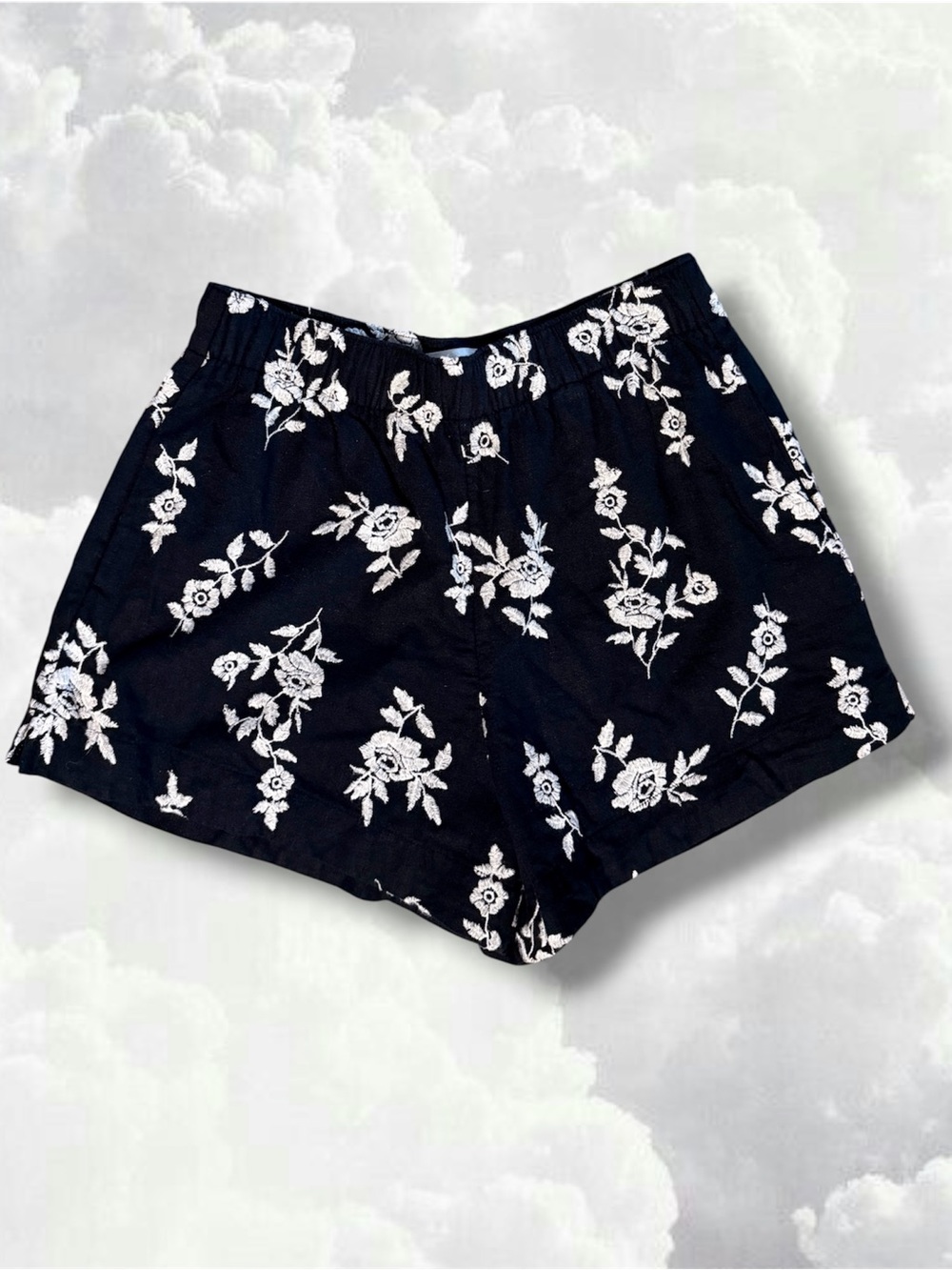 Abercrombie & Fitch Black & White Linen Floral Embroidery Shorts